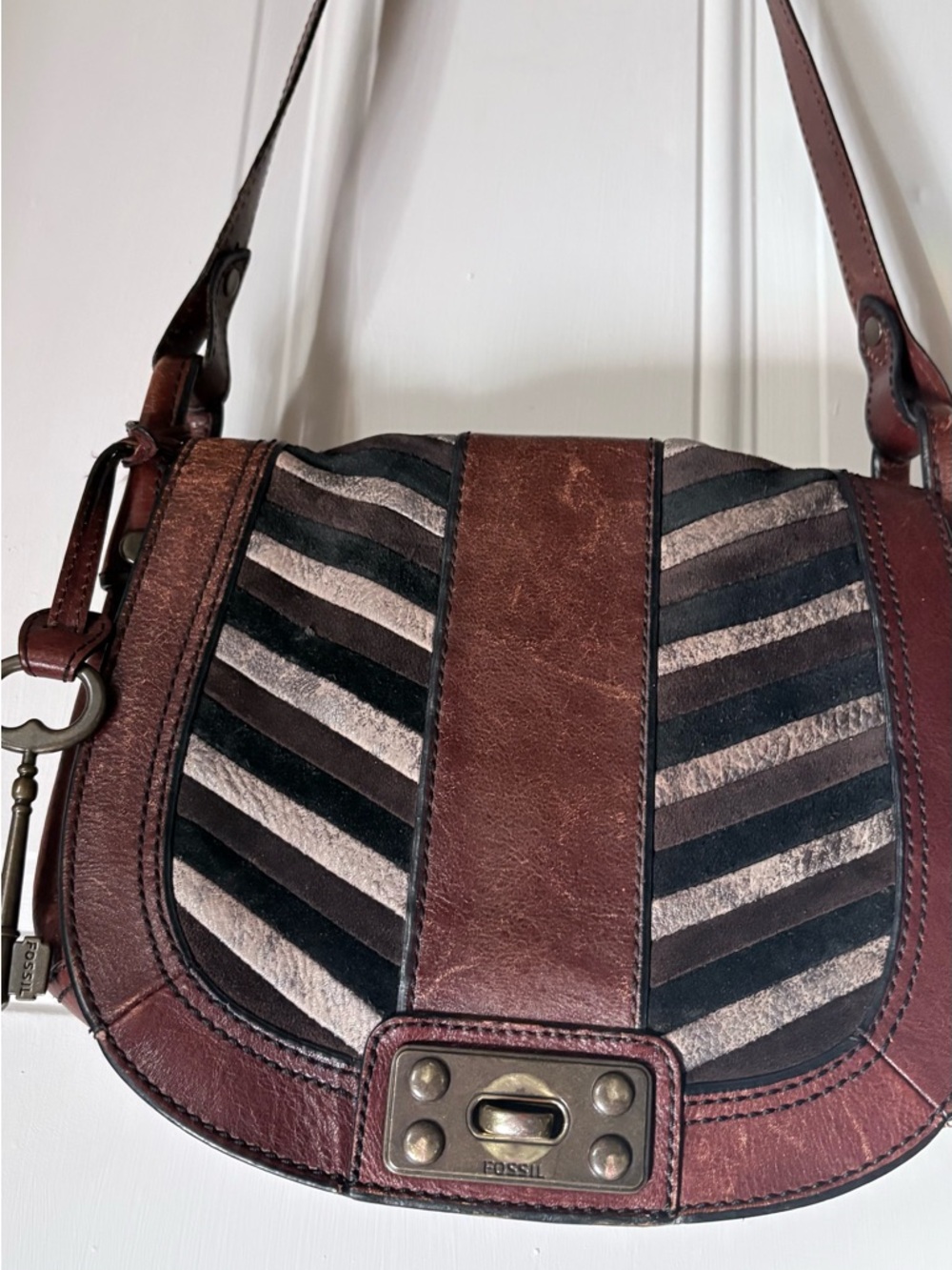 Fossil Brown Leather Crossbody with Black and Gray Striped Panels